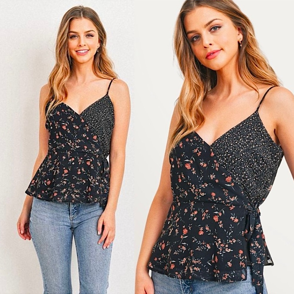 paper crane Black Ditsty Floral Print Tie Waist V-Neck Peplum Sleeveless Top